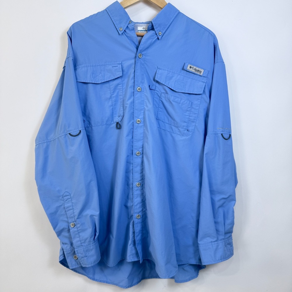 Columbia PFG OmniShade Button Down Shirt Mens L Blue Pockets Vented‎ Roll Tab